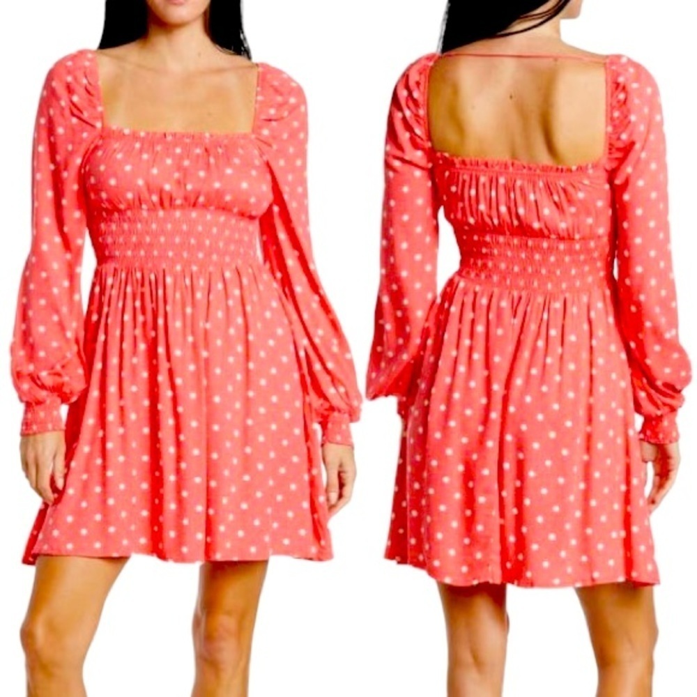 Afrm Smocked Bodice Mini Dress Coral Polka Dot  Sz M